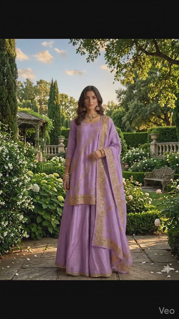 Royal Purple Flowy Pure Shimmer Silk Sharara Set