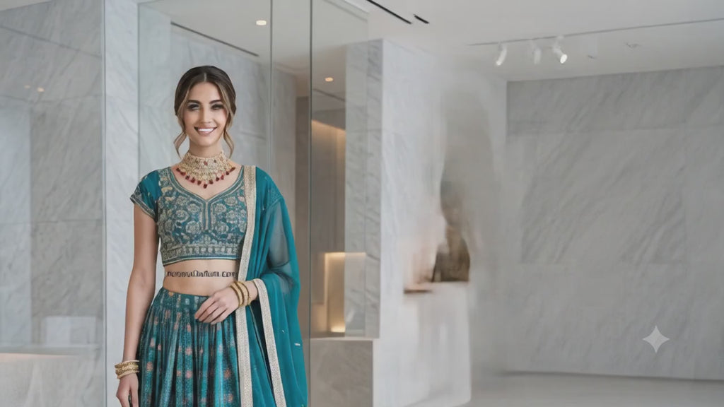 Dark Green Pure Chinon Silk Digital Print 3-Piece Lehenga Set