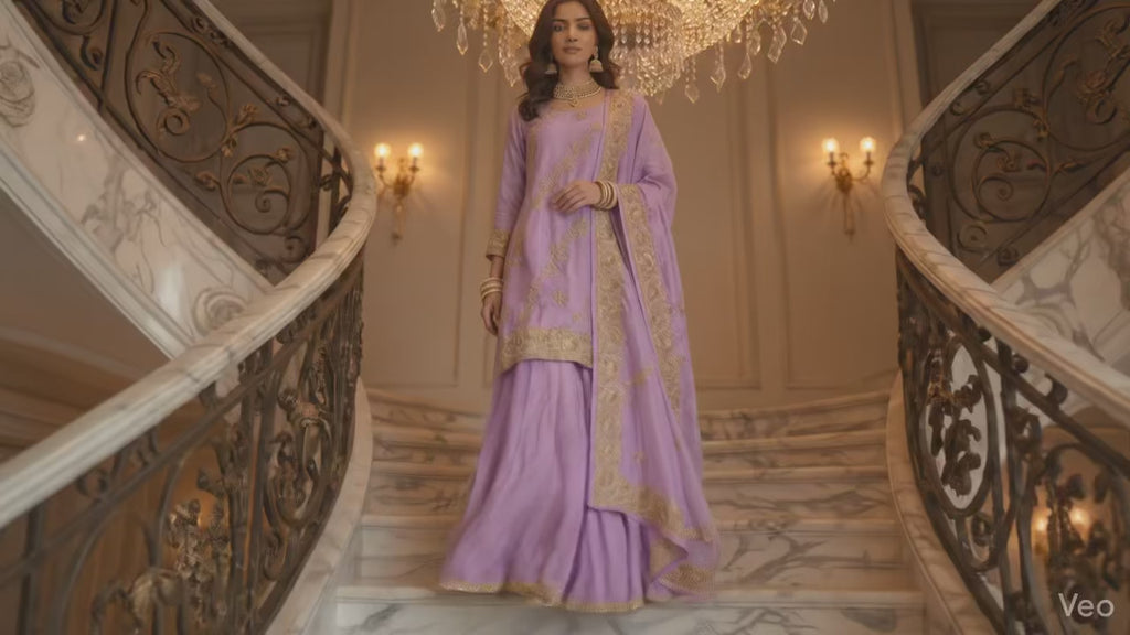 Royal Purple Flowy Pure Shimmer Silk Sharara Set