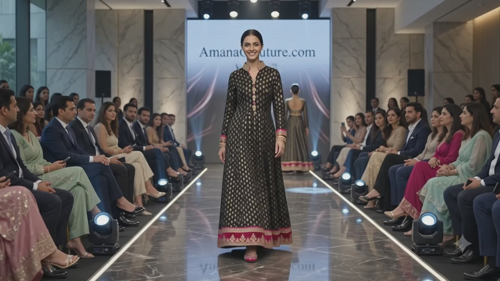 Black Pure Georgette Self Print Gown with Hot Pink & Gold Embroidery