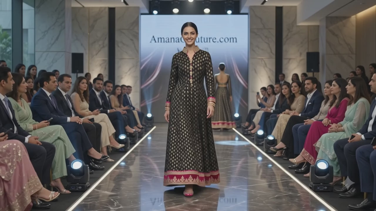 Black Pure Georgette Self Print Gown with Hot Pink & Gold Embroidery