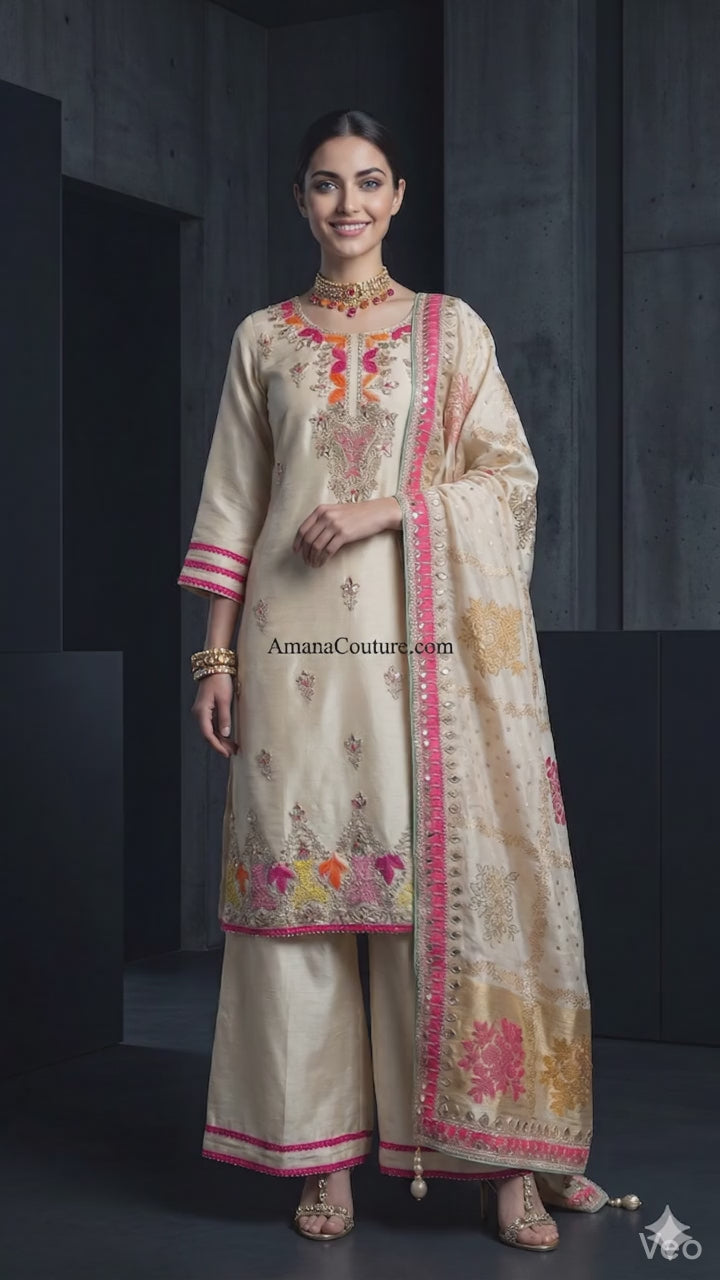 Creme Beige Gold Pure Shimmer Silk Palazo & Straight Pants Set