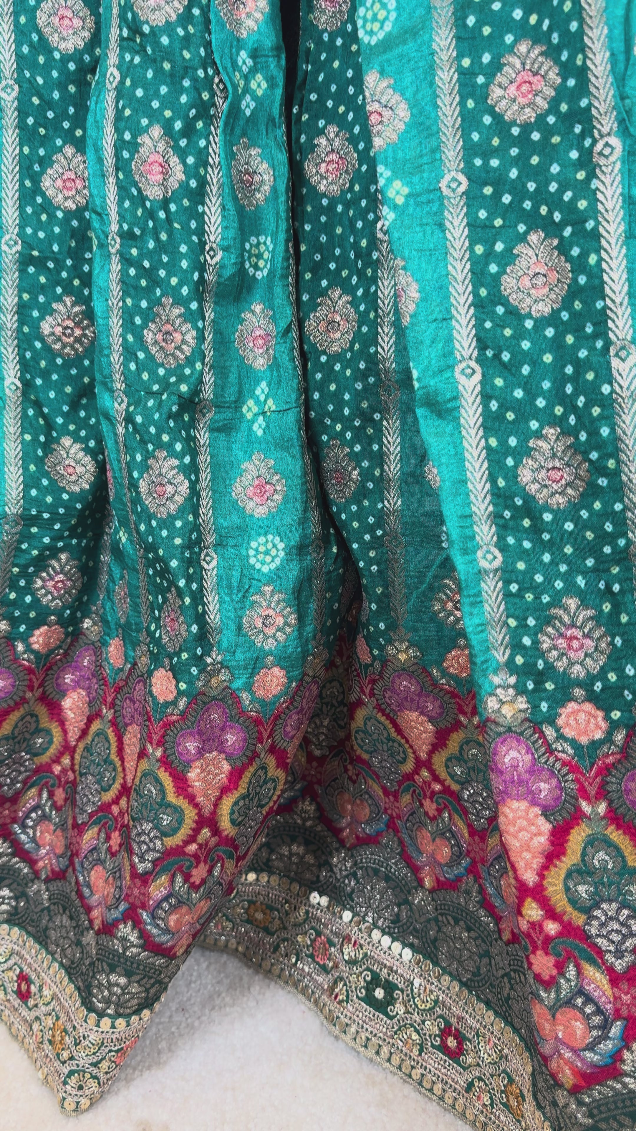 Dark Green Pure Chinon Silk Digital Print 3-Piece Lehenga Set
