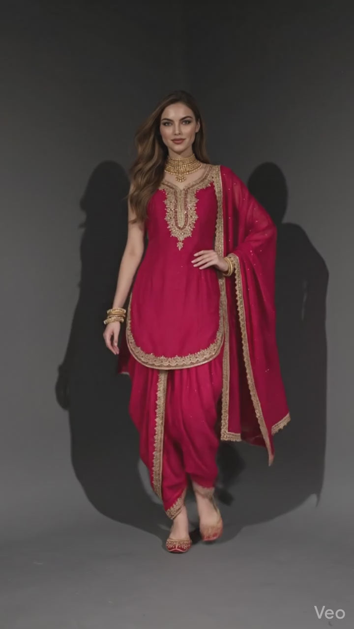 Red Dhoti-Style Outfit with Golden Embroidery