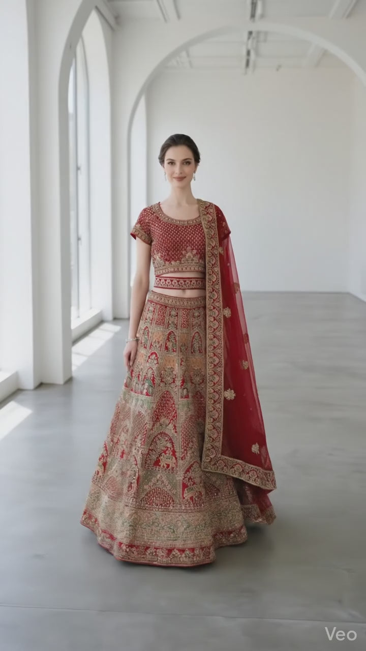Crimson Red Silk Bridal Lehenga with Golden Handwork