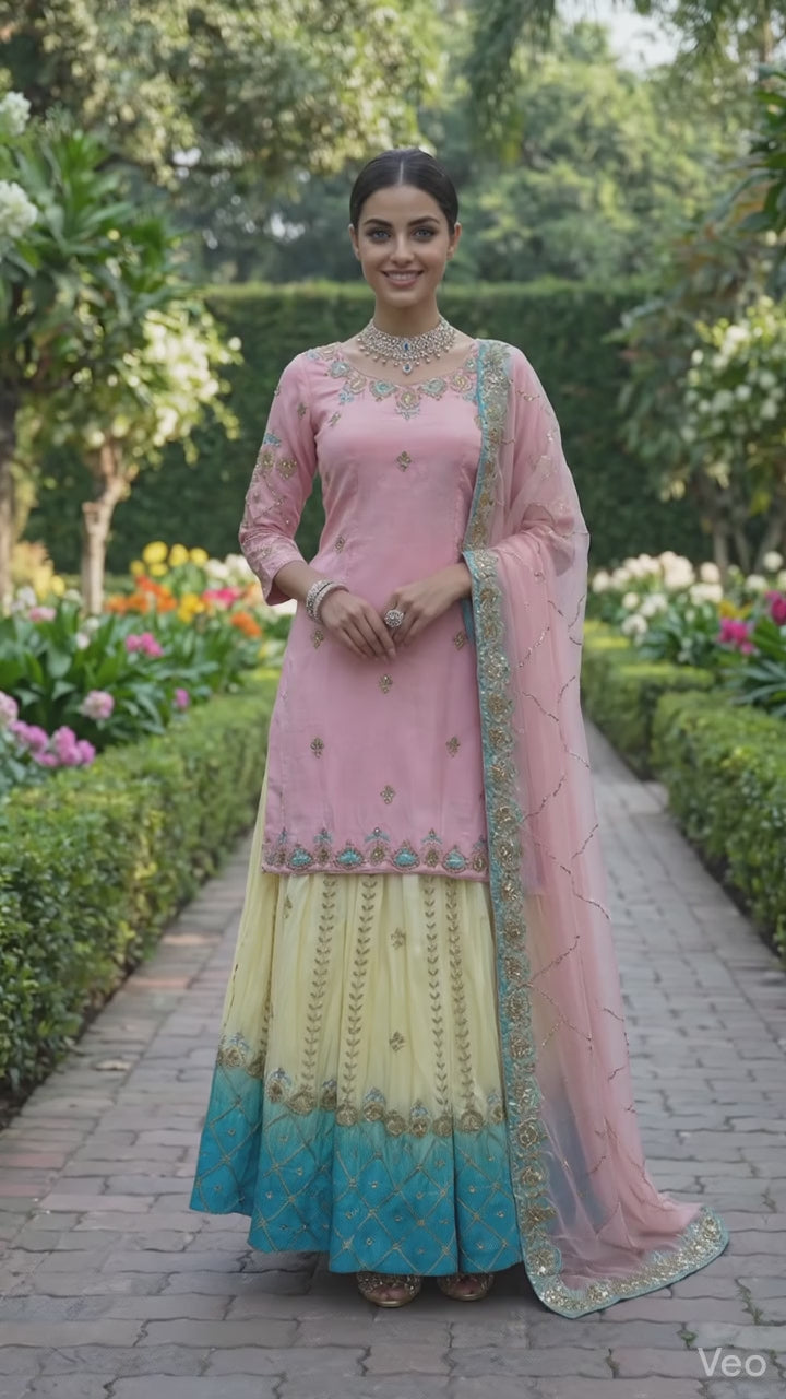 Pastel Triple Blend Lehenga Set with Embroidered Jaal Dupatta