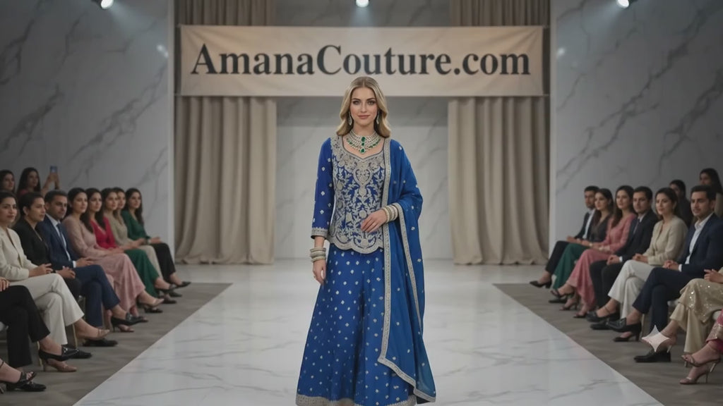 Royal Blue / Sapphire & Midnight Royal Blue Crepe Silk 3-Piece Coord Sharara Set with Chinon Dupatta
