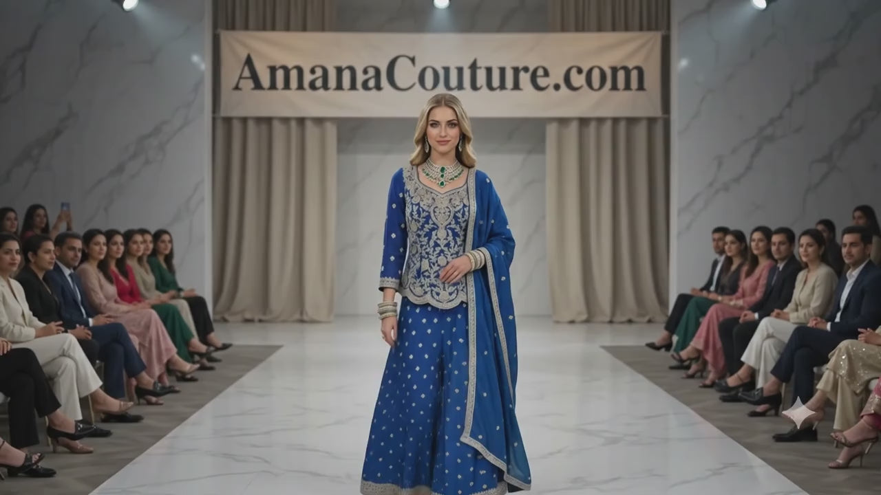 Royal Blue / Sapphire & Midnight Royal Blue Crepe Silk 3-Piece Coord Sharara Set with Chinon Dupatta