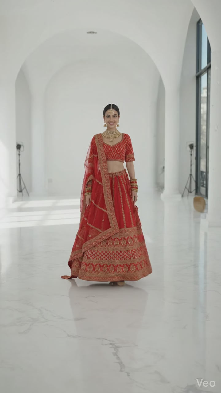 Bright Red Pure Silk Bridal Lehenga – AmanaCouture