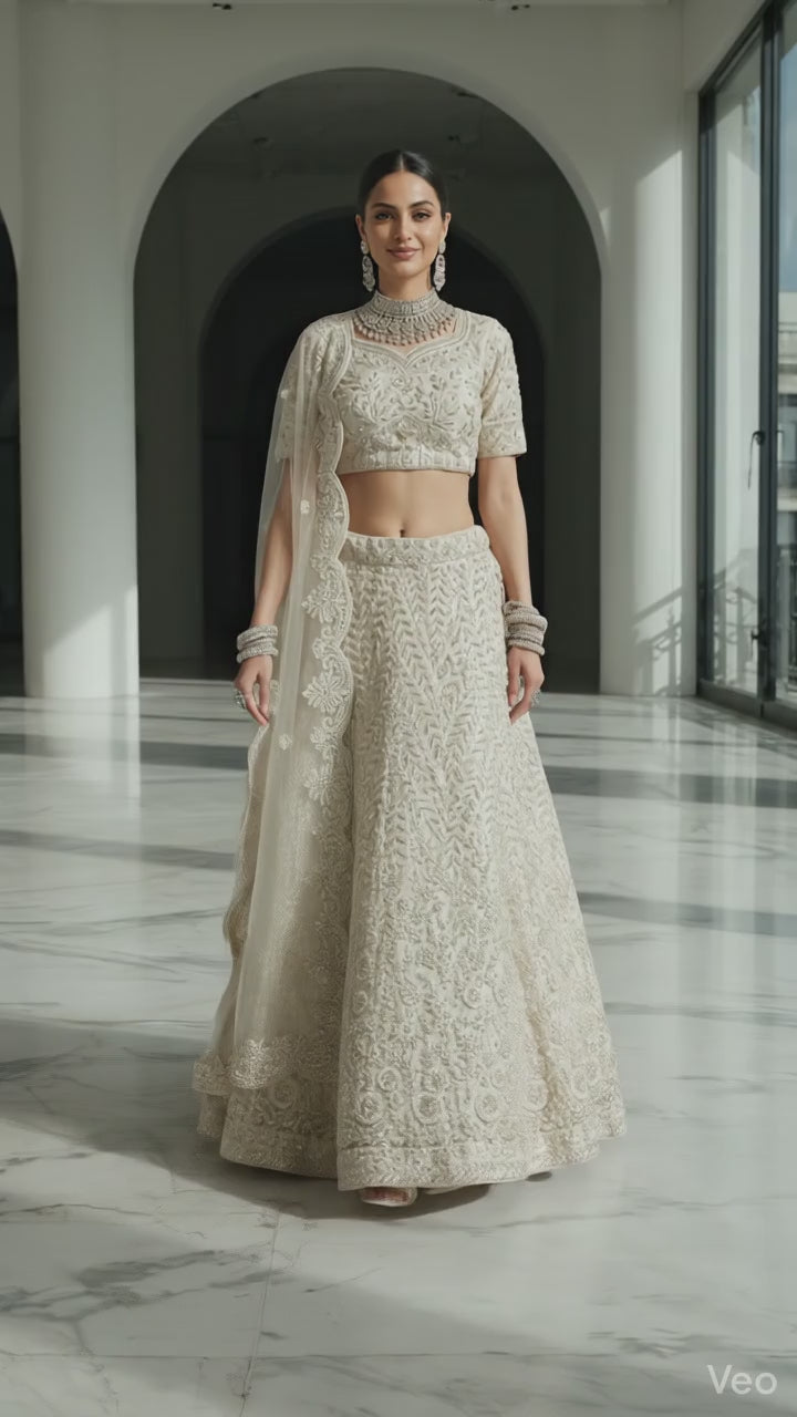 White & Silver Bridal Elegance – Floral Embroidered Net Outfit