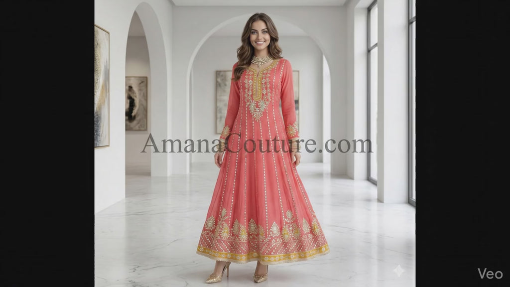 Coral Pink Mirror Work Long Gown