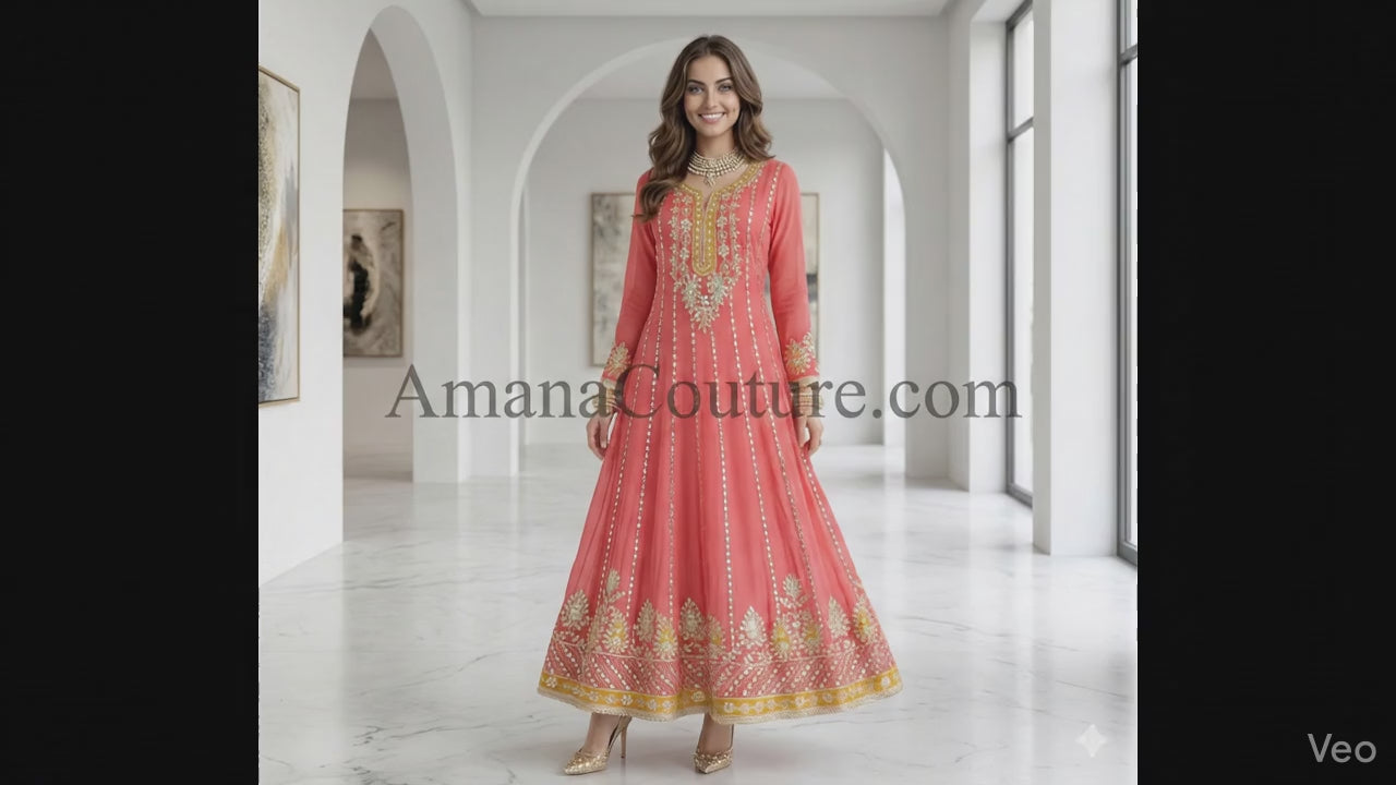 Coral Pink Mirror Work Long Gown