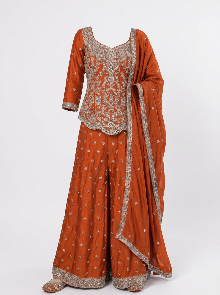 Rust Burnt Orange / Autumn Flame / Canyon Rust Crepe Silk 3-Piece Coord Set with Palazzo & Chinon Dupatta