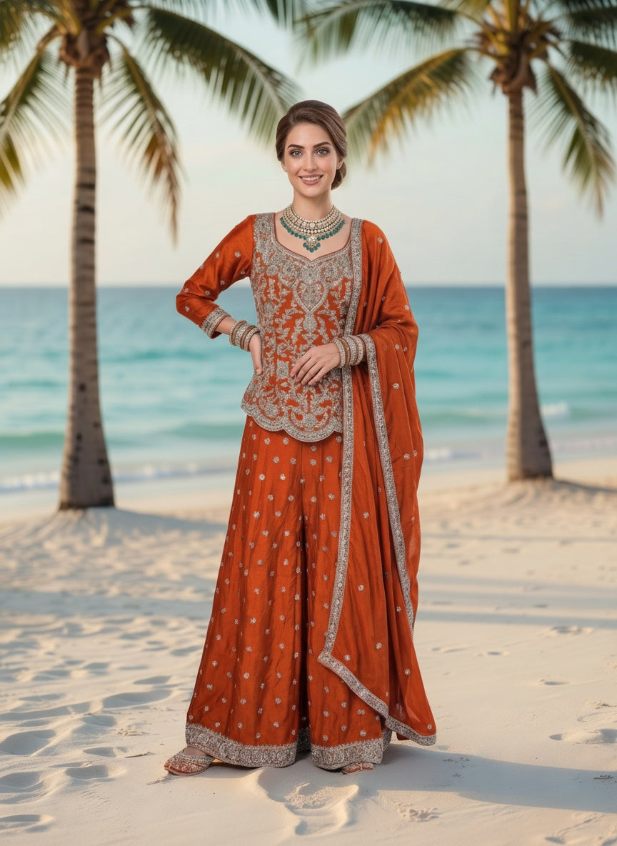 Rust Burnt Orange / Autumn Flame / Canyon Rust Crepe Silk 3-Piece Coord Set with Palazzo & Chinon Dupatta
