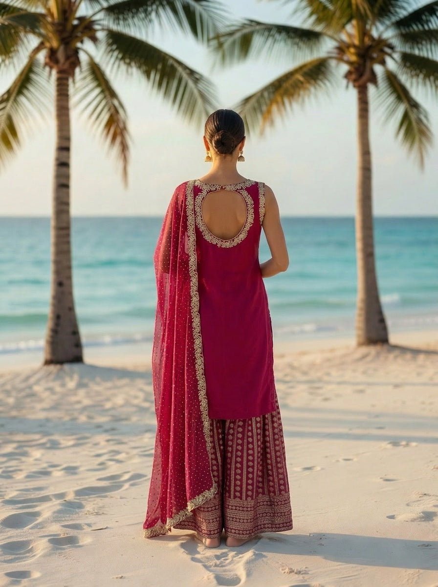 Deep Red Designer Sharara with Beautiful Back Neck Style