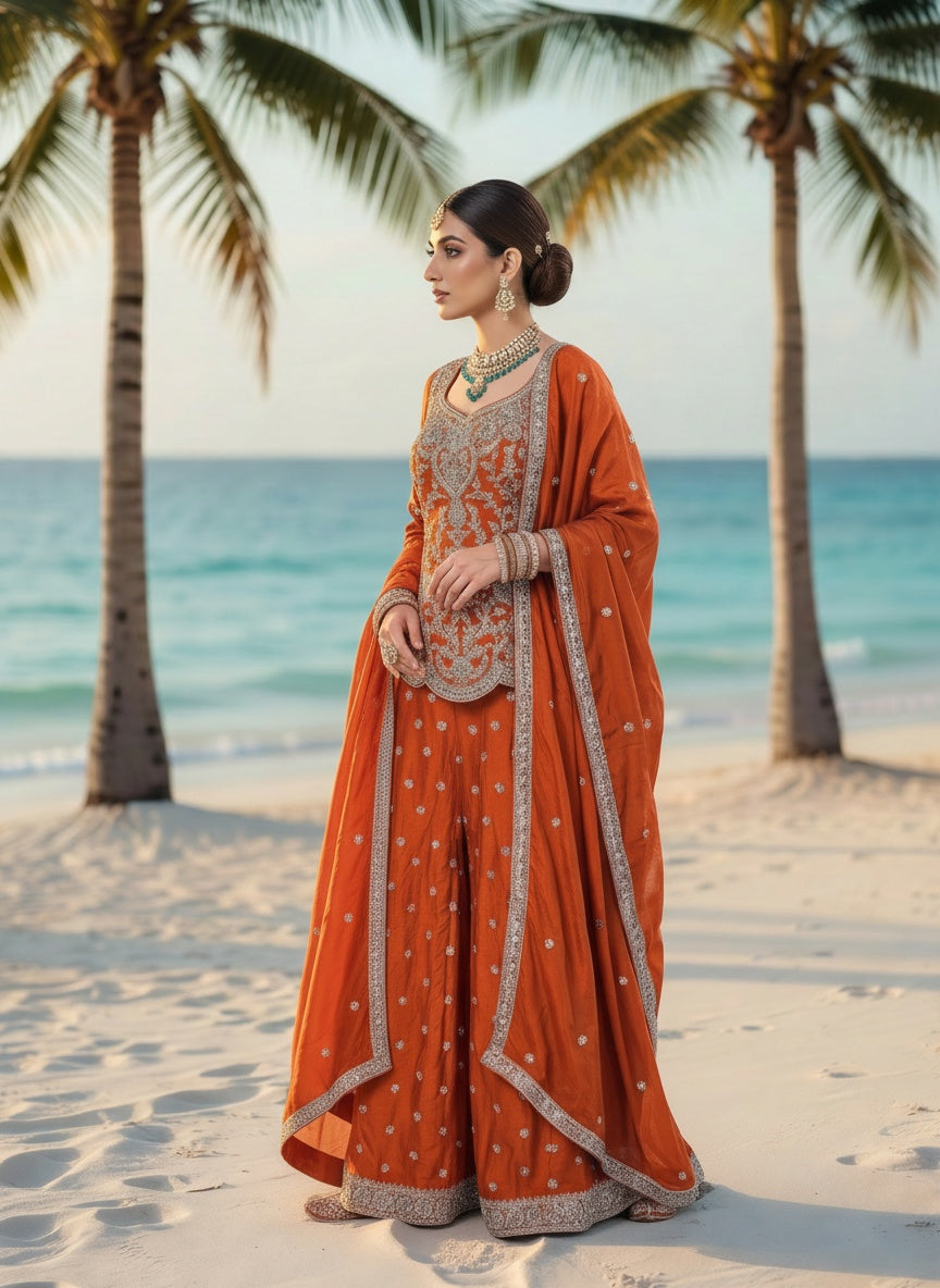 Rust Burnt Orange / Autumn Flame / Canyon Rust Crepe Silk 3-Piece Coord Set with Palazzo & Chinon Dupatta