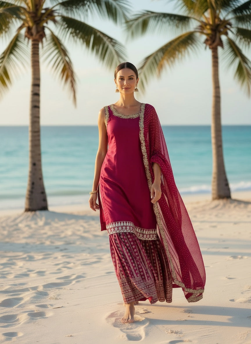 Deep Red Designer Sharara with Beautiful Back Neck Style