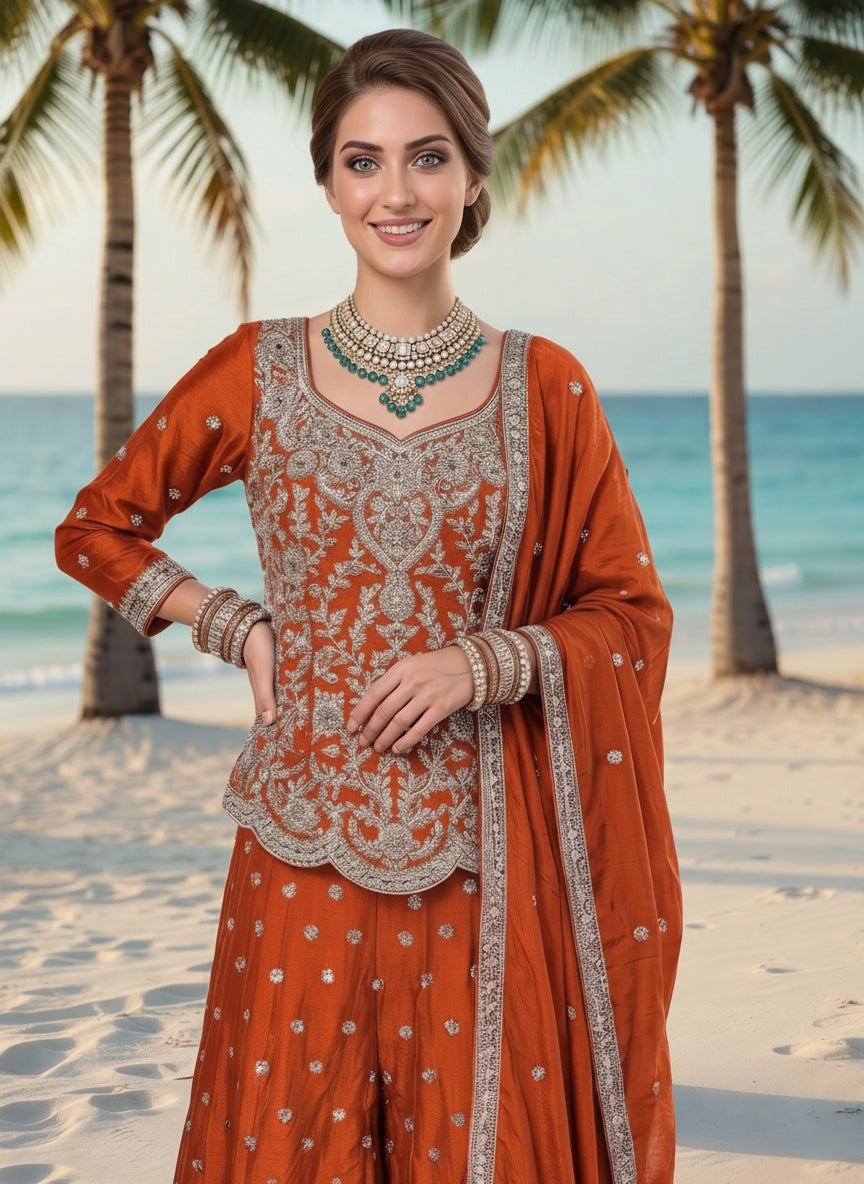 Rust Burnt Orange / Autumn Flame / Canyon Rust Crepe Silk 3-Piece Coord Set with Palazzo & Chinon Dupatta