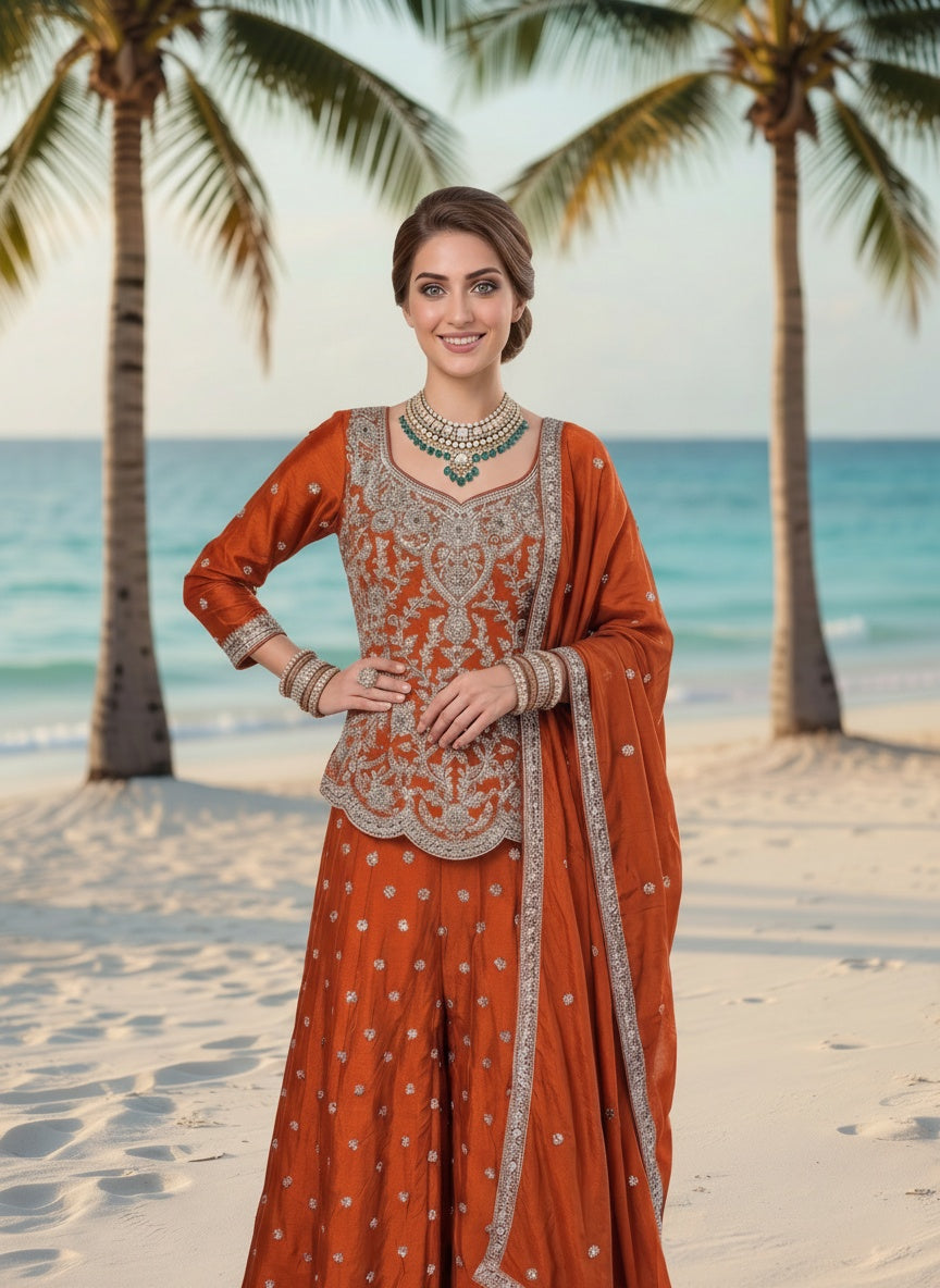 Rust Burnt Orange / Autumn Flame / Canyon Rust Crepe Silk 3-Piece Coord Set with Palazzo & Chinon Dupatta