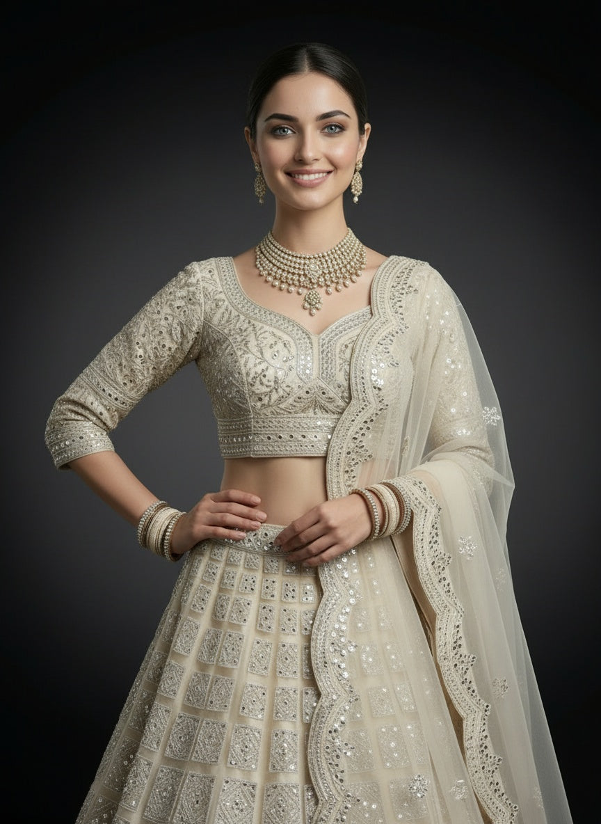 Light Beige Bridal Lehenga with Handwork Embroidery