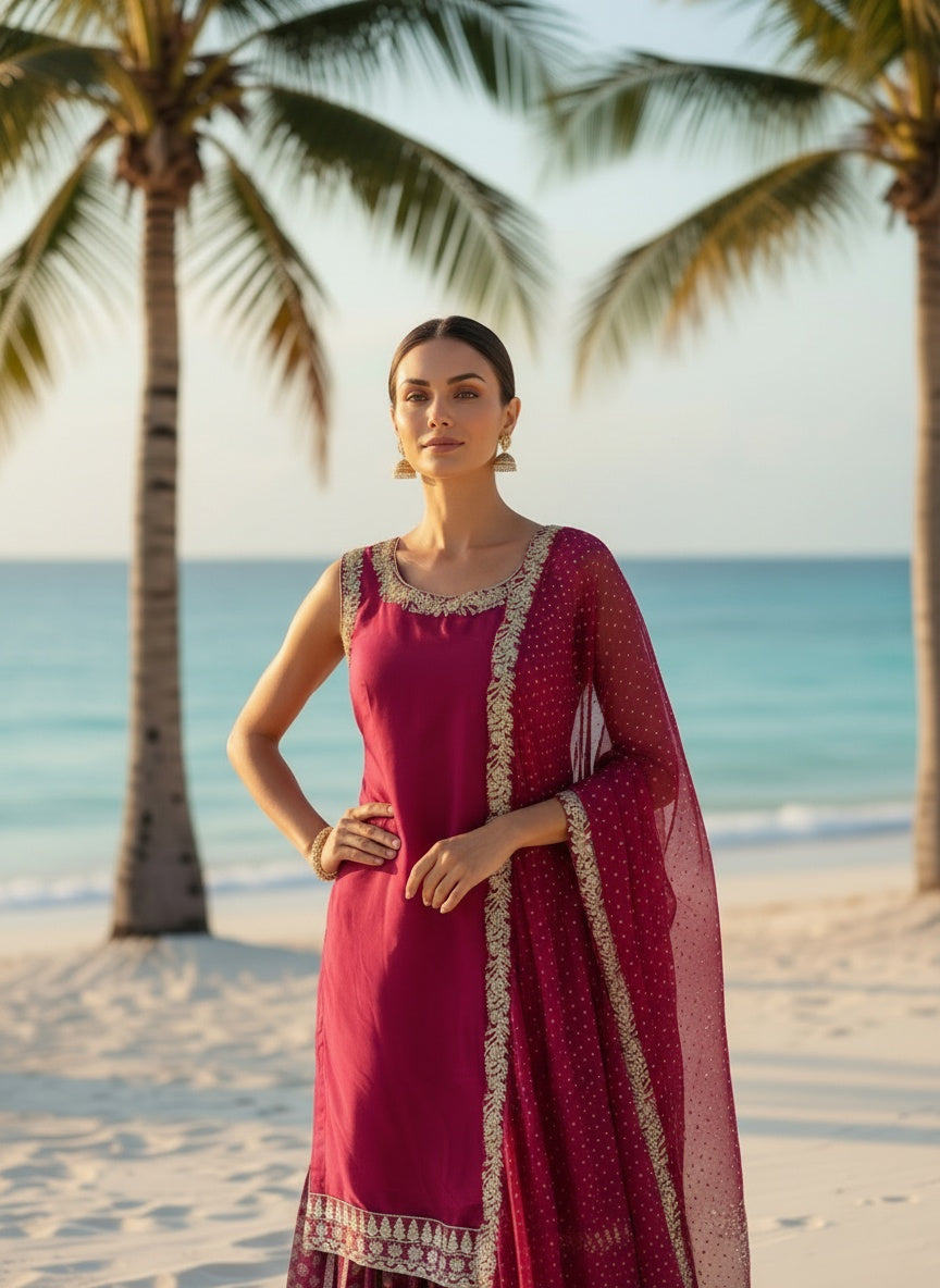 Deep Red Designer Sharara with Beautiful Back Neck Style