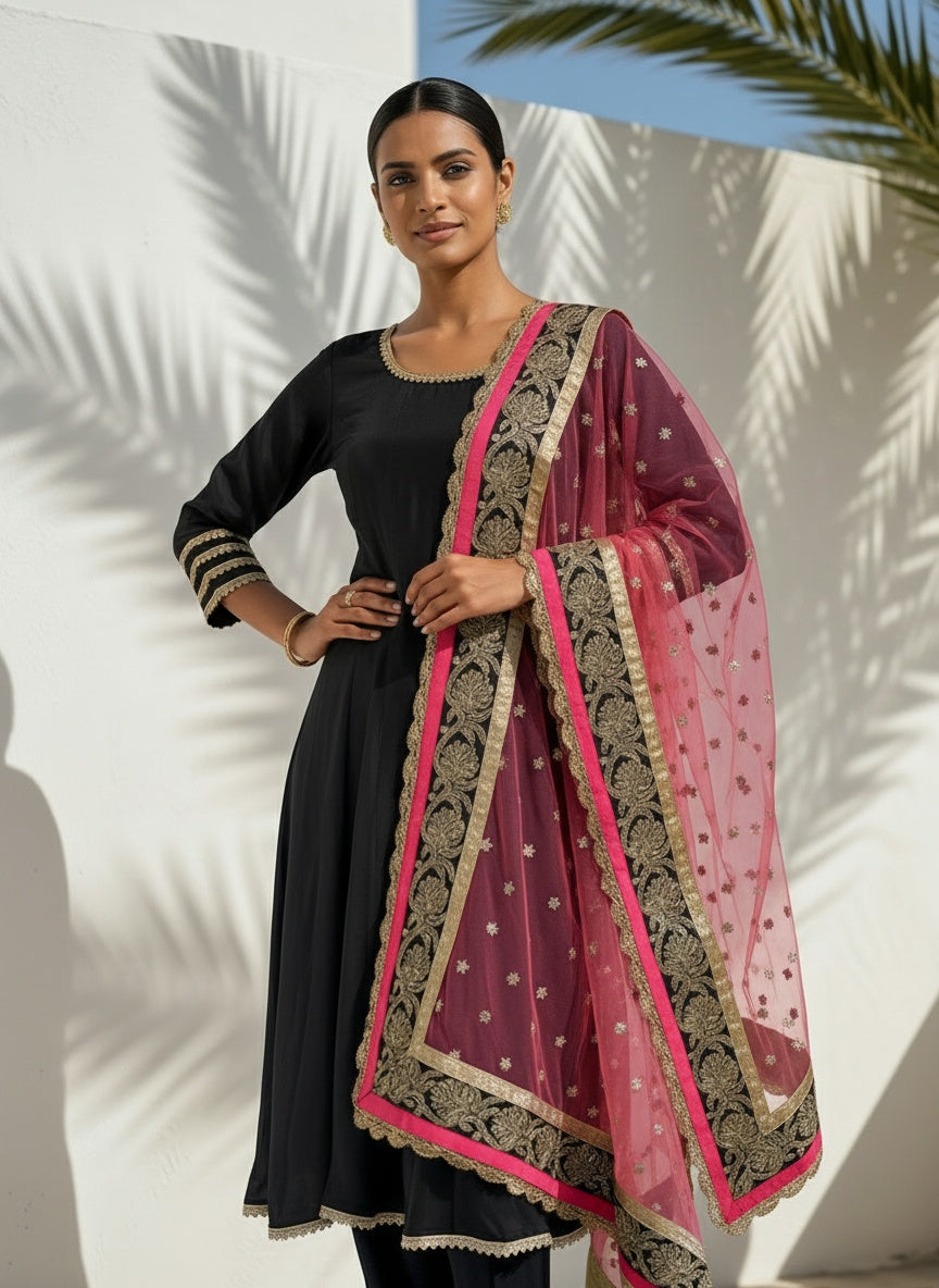 Black Peplum Anarkali with Pearl Lace, Deep Back Neck & Net Dupatta